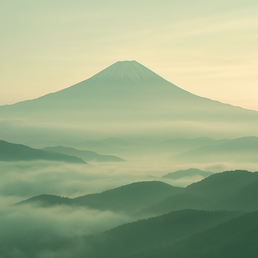 早朝の霧と雲海に浮かぶ富士の稜線